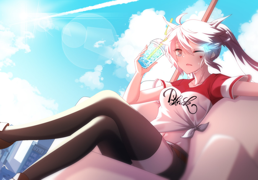 1girl armchair black_legwear black_rock_shooter chair character_request cityscape cloud collarbone commentary_request crossed_legs cup drinking_straw hair_between_eyes heart highres holding holding_cup hot long_hair navel one_eye_closed oywj shirt shorts sitting sky solo sunlight sweat sweatdrop t-shirt thighhighs twintails white_hair window