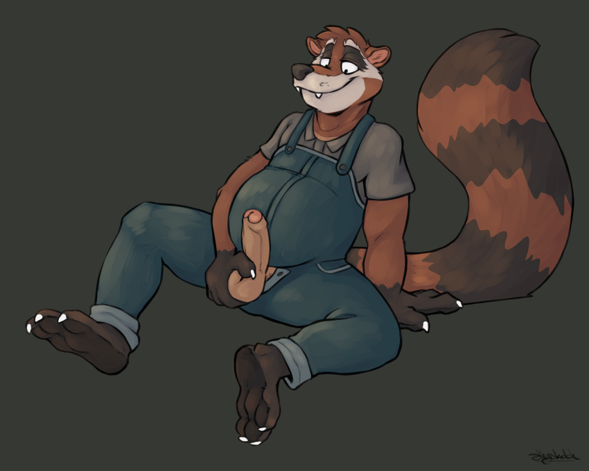 5:4 anthro avoid_posting ball_fondling balls clothing erection fondling genitals male mammal overalls overweight overweight_male procyonid raccoon ripley_cooney_(character) slightly_chubby solo unknown_artist