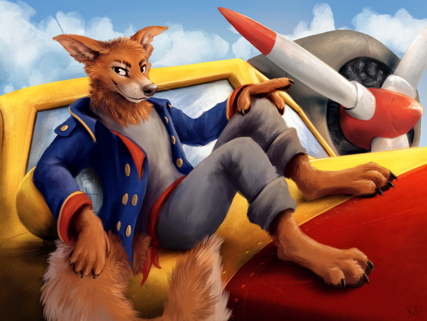 2020 4:3 5_fingers aircraft airplane anthro barefoot black_eyes black_nose bottomwear brown_body brown_fur canid canine canis cheek_tuft claws clothed clothing cloud day detailed_background digital_media_(artwork) disney don_karnage eyebrows facial_tuft fingers fluffy fluffy_tail fully_clothed fur inner_ear_fluff jacket kebi looking_at_viewer male mammal multicolored_body multicolored_fur narrowed_eyes neck_tuft open_jacket outside pants paws propeller red_wolf shirt signature sky smile smirk smug solo talespin toe_claws toes topwear tuft two_tone_body two_tone_fur whiskers white_body white_fur wolf