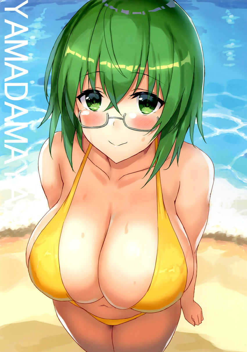 1girl absurdres bangs bare_arms bare_legs bare_shoulders beach bikini blush breasts character_name cleavage closed_mouth cowboy_shot from_above glasses green_eyes green_hair hair_between_eyes highres huge_breasts incredibly_absurdres infinite_stratos legs legs_together looking_at_viewer navel ocean outdoors sand semi-rimless_eyewear shibayuki short_hair smile solo standing sweat swimsuit thighs water yamada_maya_(infinite_stratos) yellow_bikini