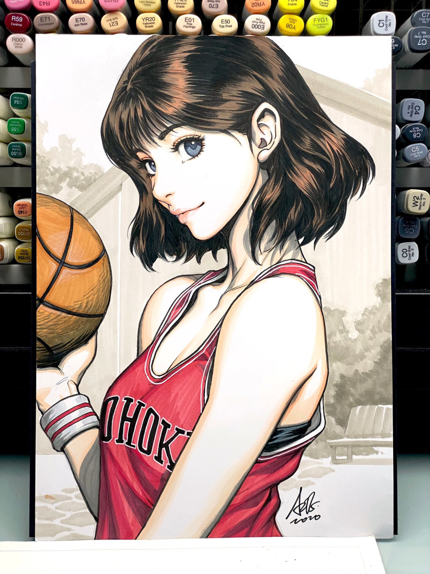 1girl akagi_haruko basketball basketball_uniform bench black_bra blue_eyes bra breasts brown_hair building cleavage closed_mouth commentary dated day english_commentary eyelashes highres lips looking_at_viewer medium_breasts outdoors photo plant red_tank_top short_hair signature slam_dunk sleeveless smile solo sports_bra sportswear stanley_lau sweatband tank_top traditional_media tree underwear upper_body wristband