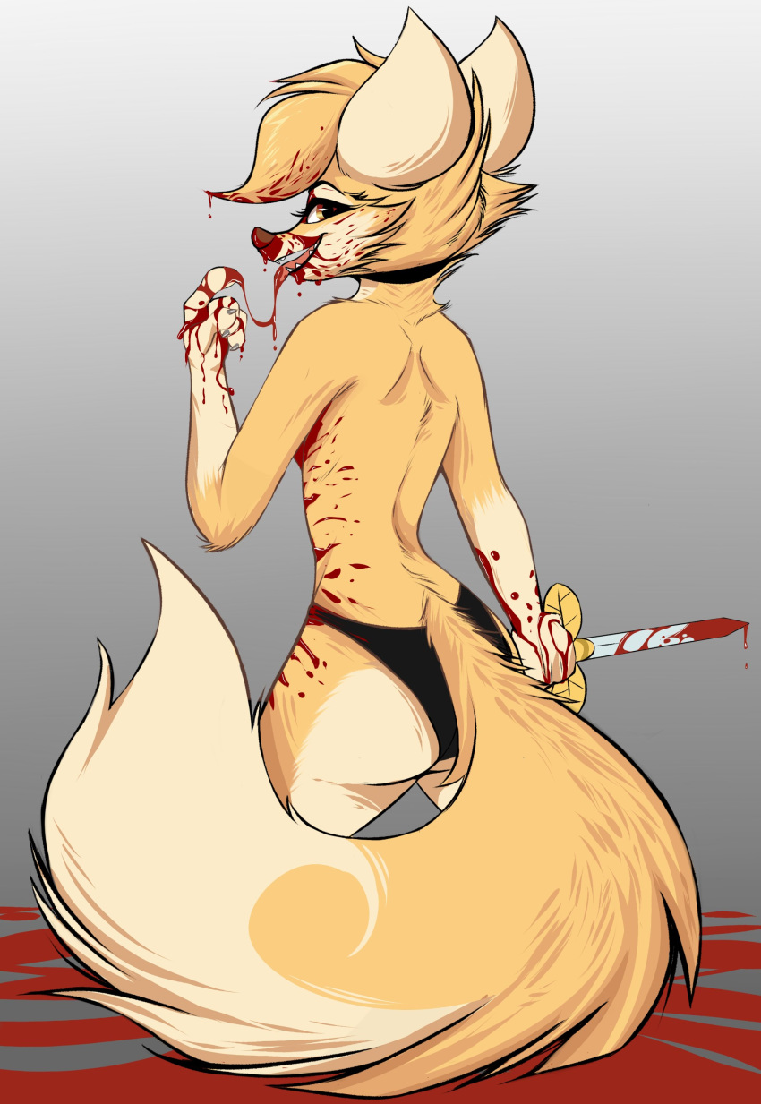 2020 absurd_res anthro blood bodily_fluids butt canid canine dagger female fox fur gore grey_background hi_res holding_object holding_weapon juantriforce042 looking_back mammal melee_weapon open_mouth open_smile panties_only sharp_teeth simple_background smile solo teeth tongue tongue_out weapon yellow_body yellow_fur