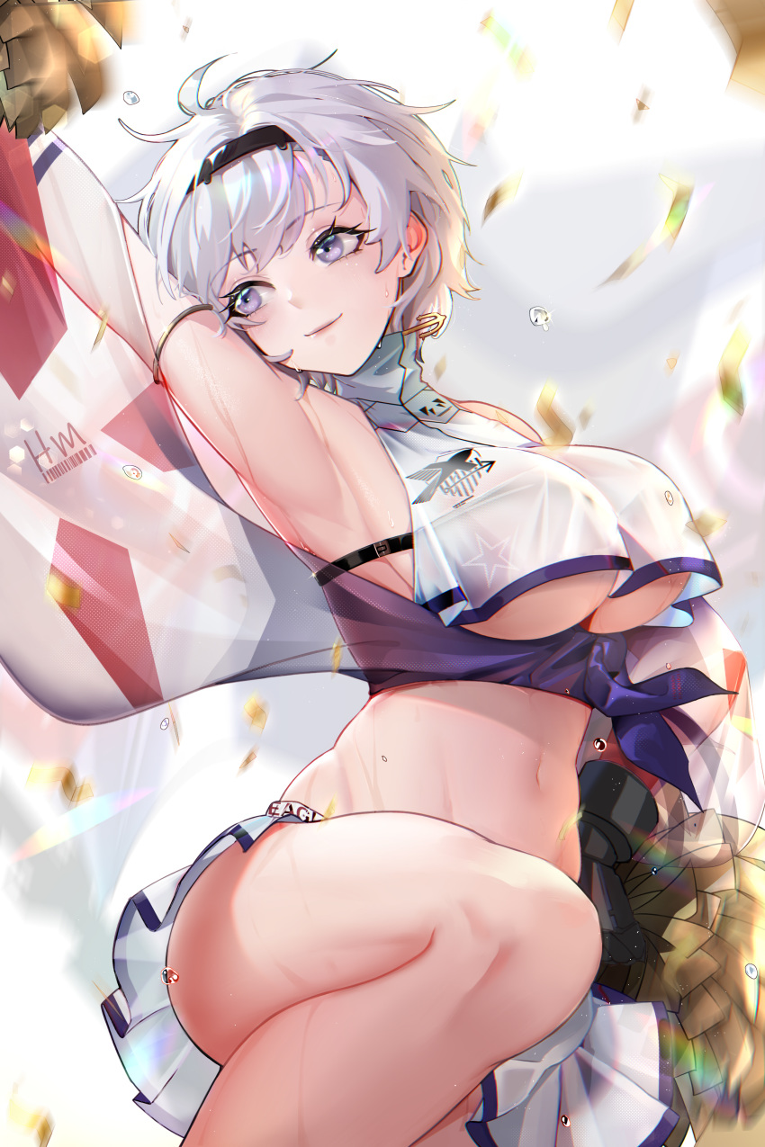 1girl absurdres azur_lane bare_shoulders blush breasts cheerleader crop_top crop_top_overhang gradient gradient_background grey_hair haimian-v- hair_between_eyes hairband highres holding_pom_poms large_breasts leaf looking_at_viewer looking_away miniskirt navel parted_hair pom_poms purple_eyes purple_sash reno_(azur_lane) reno_(biggest_little_cheerleader)_(azur_lane) sash see-through shirt short_hair skirt sleeveless smile solo standing standing_on_one_leg two-tone_shirt two-tone_skirt underboob