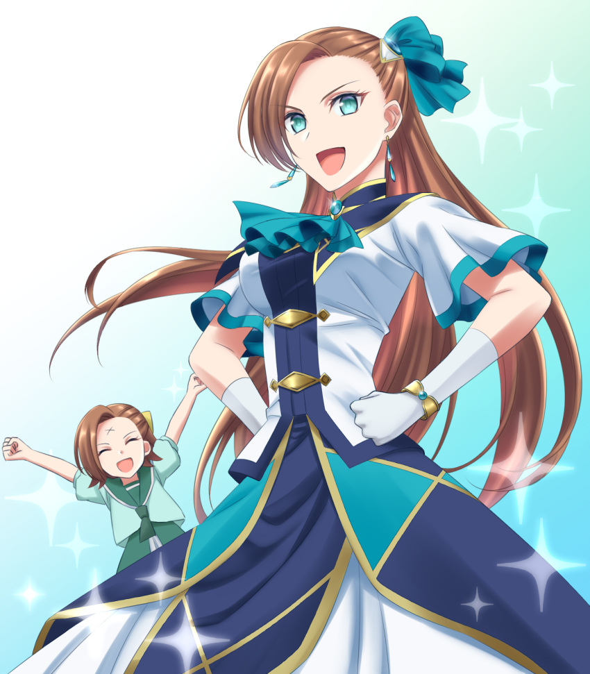 2girls :d \o/ ^_^ aqua_eyes arms_up ascot asymmetrical_hair blue_background blue_neckwear blue_ribbon bracelet breasts brooch brown_hair clenched_hands closed_eyes commentary dual_persona earrings forehead_scar gloves gradient gradient_background hair_ribbon hand_on_hip highres jewelry kakiko210 katarina_claes long_hair medium_breasts multiple_girls open_mouth otome_game_no_hametsu_flag_shika_nai_akuyaku_reijou_ni_tensei_shite_shimatta outstretched_arms ribbon short_hair short_sleeves simple_background smile sparkle time_paradox very_long_hair white_background white_gloves