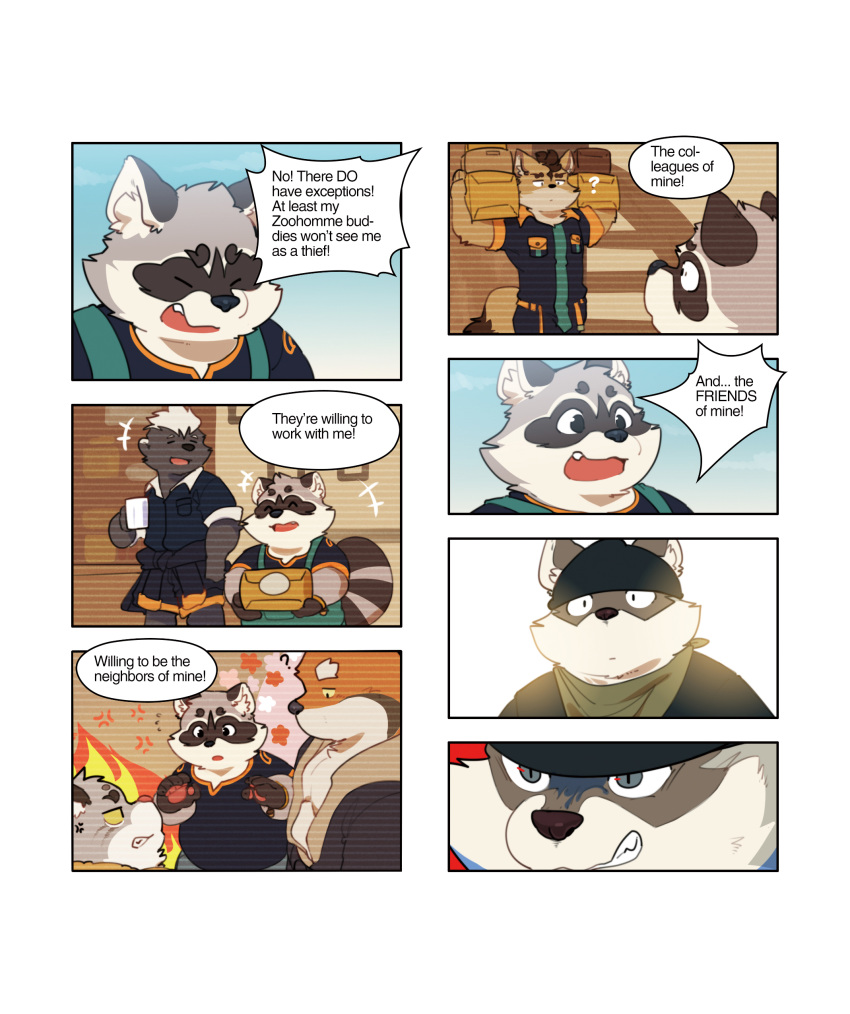 2020 absurd_res angry anthro bonasiah canid canine clothing comic deebo_(zoohomme) english_text eyes_closed felid feline fur grey_body grey_fur group hi_res humanoid_hands kemono kura_(zoohomme) male mammal overalls overweight overweight_male procyonid quanjiang raccoon ratye_(zoohomme) robe rocco_(zoohomme) roger_(zoohomme) shirt text topwear woopu_(zoohomme) zoohomme