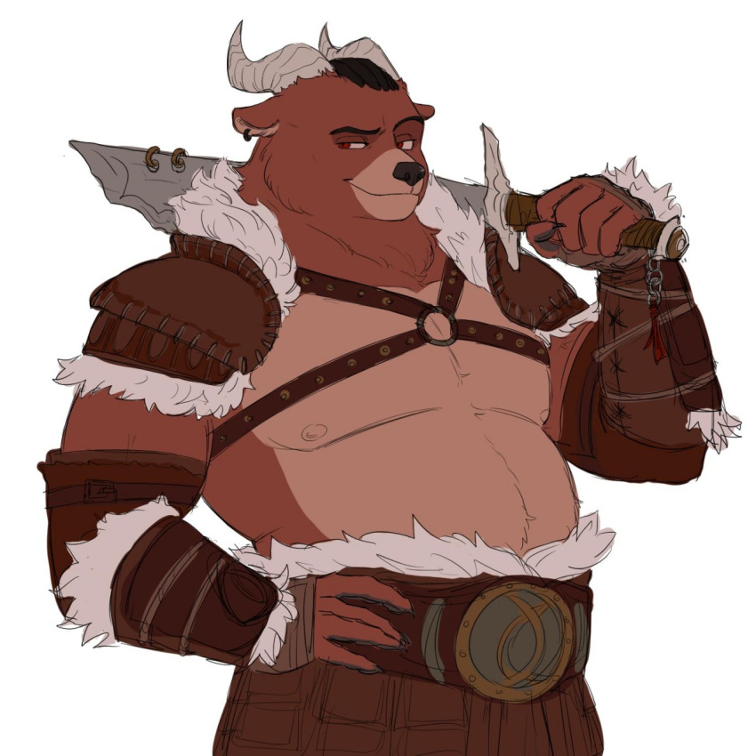 1:1 anthro armor barbarian brown_bear brown_body brown_fur clothed clothing digital_media_(artwork) dungeons_and_dragons eyebrows fantasy fur grizzly_bear hasbro hi_res horn hybrid ilosel looking_at_viewer male mammal medieval muscular muscular_male nipples partially_clothed pecs raised_eyebrow simple_background slightly_chubby smug solo umber_(oskube) ursid ursine wizards_of_the_coast