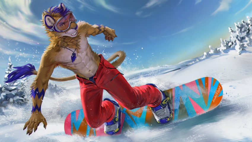 16:9 5_fingers anthro clothed clothing digital_media_(artwork) eyewear felid fingers fur goggles hair jewelry levelviolet lion looking_at_viewer male mammal necklace outside pantherine simple_background snow snowboarding solo teeth topless tree unzipped widescreen