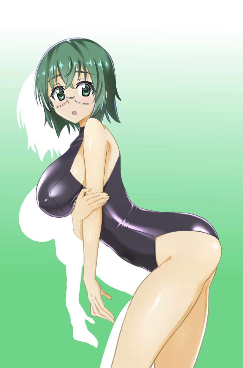 1girl ass bare_legs bare_shoulders bent_over black_leotard blush breasts covered_nipples glasses gradient gradient_background green_eyes green_hair highres infinite_stratos large_breasts leotard looking_at_viewer open_mouth profile shiny shiny_clothes shiny_hair shiny_skin short_hair skin_tight solo soracone standing yamada_maya_(infinite_stratos)