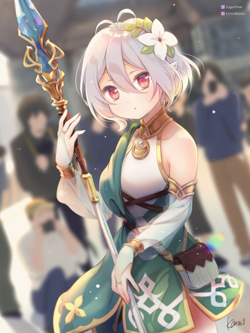 1girl :o antenna_hair armlet bare_shoulders blurry blush bracelet breasts bridal_gauntlets comiket cosplay cowboy_shot depth_of_field detached_sleeves dress elf faceless flower gem hair_between_eyes hair_flower hair_ornament hand_up highres holding holding_staff jewelry kamui_(kamuikaoru) kokkoro_(princess_connect!) kokkoro_(princess_connect!)_(cosplay) light_particles looking_at_viewer original pink_eyes pointy_ears pouch princess_connect! princess_connect!_re:dive red_eyes see-through short_hair silver_hair solo_focus staff taking_picture white_flower