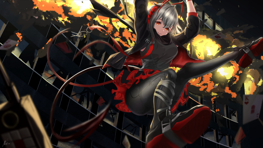 1girl antenna_hair arknights arms_up artist_name ass black_jacket black_legwear black_shirt black_skirt blurry breasts building card commentary depth_of_field detonator explosion grey_hair highres horns jacket looking_at_viewer medium_breasts miniskirt nevblindarts open_clothes open_jacket outdoors outside_border pantyhose parted_lips playing_card red_eyes shirt shoes short_hair skirt sleeveless sleeveless_shirt smile solo w_(arknights)