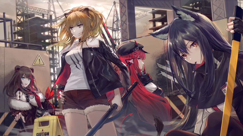 4girls animal_ears arknights bear_ears black_hair black_jacket blonde_hair blue_eyes brown_hair building cabbie_hat commentary csyko cutoffs earphones fingerless_gloves food gloves hand_on_hip hat highres holding horns jacket jacket_on_shoulders lion_ears long_hair looking_at_viewer mouth_hold multicolored_hair multiple_girls nail_polish open_mouth orange_eyes outdoors pocky pointy_ears polearm ponytail red_eyes red_hair red_shorts short_shorts shorts siege_(arknights) sign streaked_hair sword tail texas_(arknights) vigna_(arknights) warning_sign weapon wolf_ears zima_(arknights)