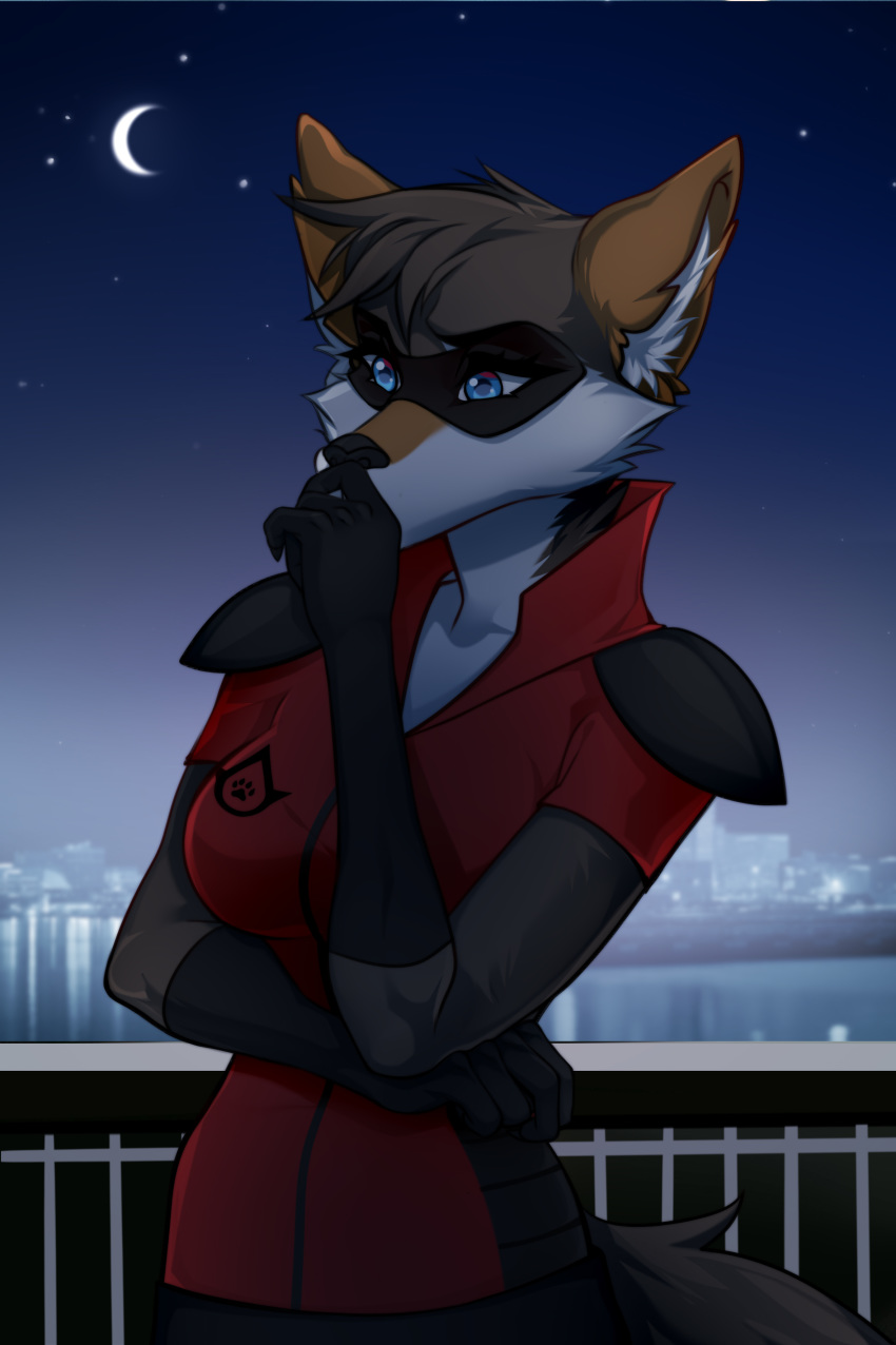 absurd_res anthro blue_eyes bridge canid canine canis city city_background clothing crescent_moon crossed_arms darkflamewolf fan_character female gekko-seishin hand_to_mouth head_tuft hi_res mammal mask moon murana_wolford_(darkflame-wolf) night railing solo star suit suit_symbol thinking tuft vigilante water wolf