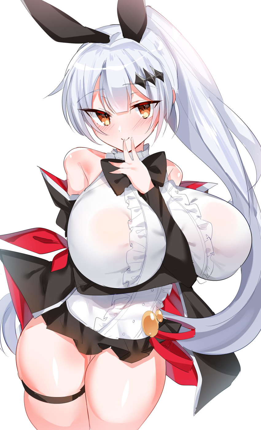 1girl absurdres alternate_breast_size between_breasts breasts five-seven_(girls_frontline) girls_frontline high_ponytail highres huge_breasts kaibunshou orange_eyes see-through skindentation solo white_hair