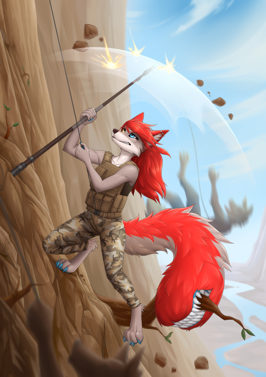 absurd_res anthro blue_eyes branch bulletproof_vest cable canid canine canis clenched_teeth cliff cliff_side coyrin darkflamewolf debris determined ear_piercing falling fatigues female force_field fur gunfire hair heterochromia hi_res industrial_piercing inner_ear_fluff mammal mountain piercing quarterstaff red_body red_fur red_hair rock roots shield sky solo staff tail_maw tail_mouth taylor_renee_wolford_(darkflamewolf) teeth tuft wolf yellow_eyes