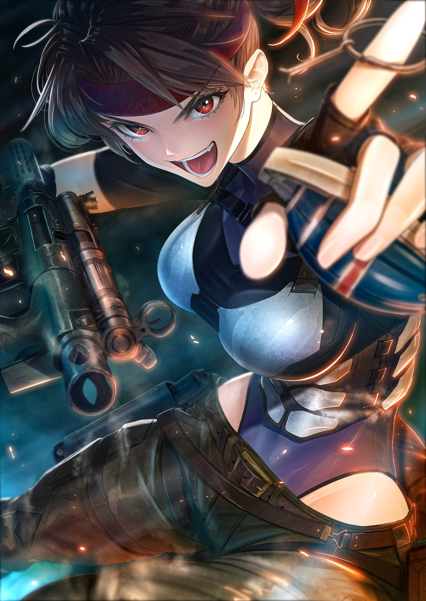 1girl belt blue_leotard boobplate breastplate breasts brown_hair dual_wielding explosive fang final_fantasy final_fantasy_vii final_fantasy_vii_remake fingerless_gloves gloves grenade gun handgun headband highleg highleg_leotard highres holding holding_gun holding_weapon holster holstered_weapon imizu_(nitro_unknown) impossible_armor jessie_rasberry large_breasts leotard leotard_under_clothes long_hair open_mouth pants pistol ponytail red_eyes red_headband solo submachine_gun weapon