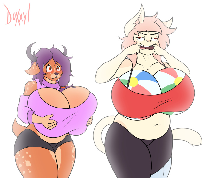 amputee anthro antlers ball beach_ball belly big_breasts blush breasts capri cervid cervine clothed clothing commission_art curvy_figure digital_media_(artwork) disability domestic_cat doxxyl duo fangs felid feline felis female fur hair hi_res horn huge_breasts hyper hyper_breasts mammal nervous nervous_sweat pink_hair prosthetic purple_hair red_eyes simple_background slightly_chubby solo teasing thick_thighs topwear umbris_(character)