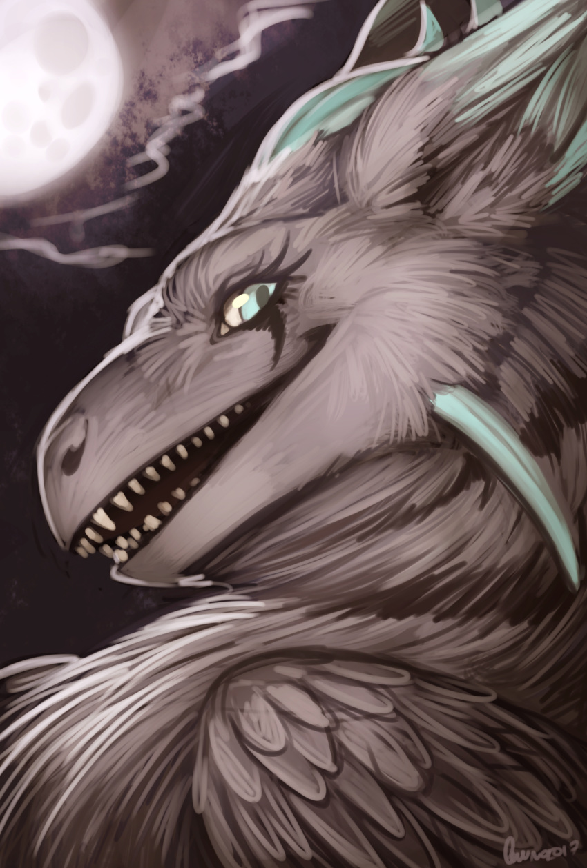 bust_portrait darkflamewolf dragon feathered_dragon feathers female feral full_moon fur furred_dragon hi_res horn llydia_the_fluff_dragon_(darkflamewolf) moon portrait quirachen smile solo