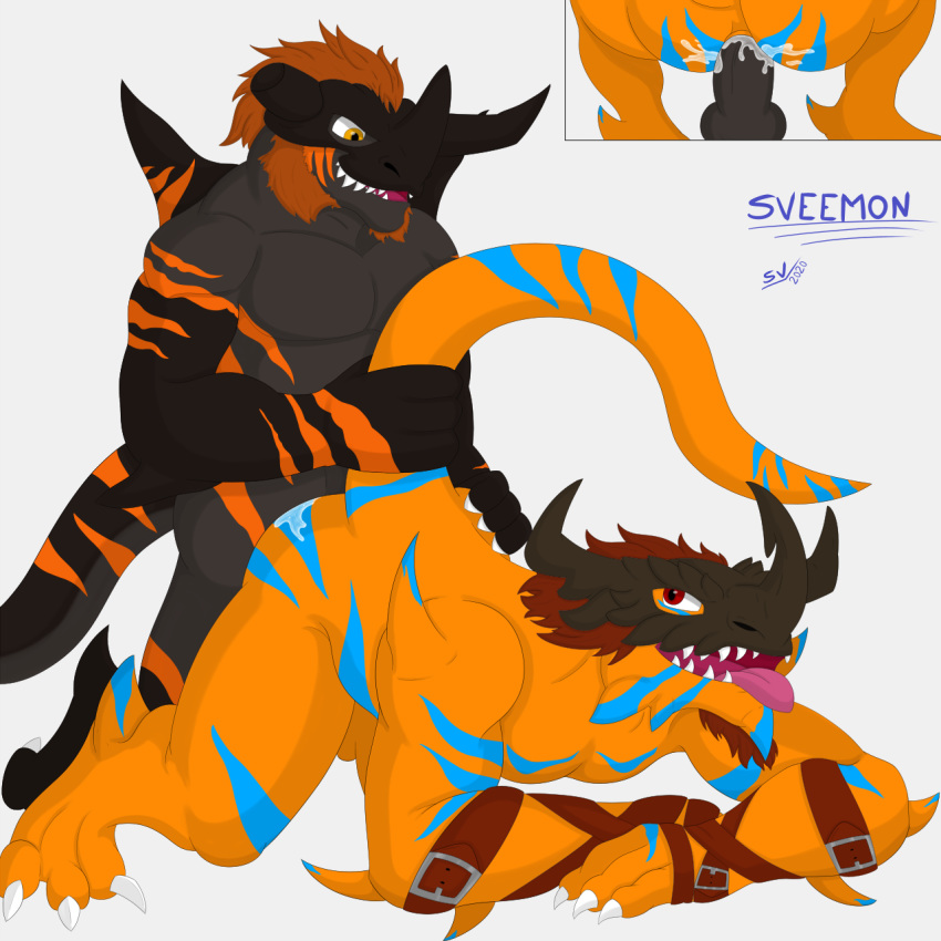 1:1 anthro arnes black_body black_scales blue_body blue_scales bodily_fluids cum cum_inside digimon digimon_(species) dragon duo ejaculation facial_hair facial_markings fan_character fangs feral genital_fluids genitals greymon head_markings hi_res horn horn_fetish horn_in_mouth horn_play humanoid male male/male male_penetrated male_penetrating male_penetrating_male markings muscular muscular_male orange_body orange_scales penetration penis scales sex sveemon tongue