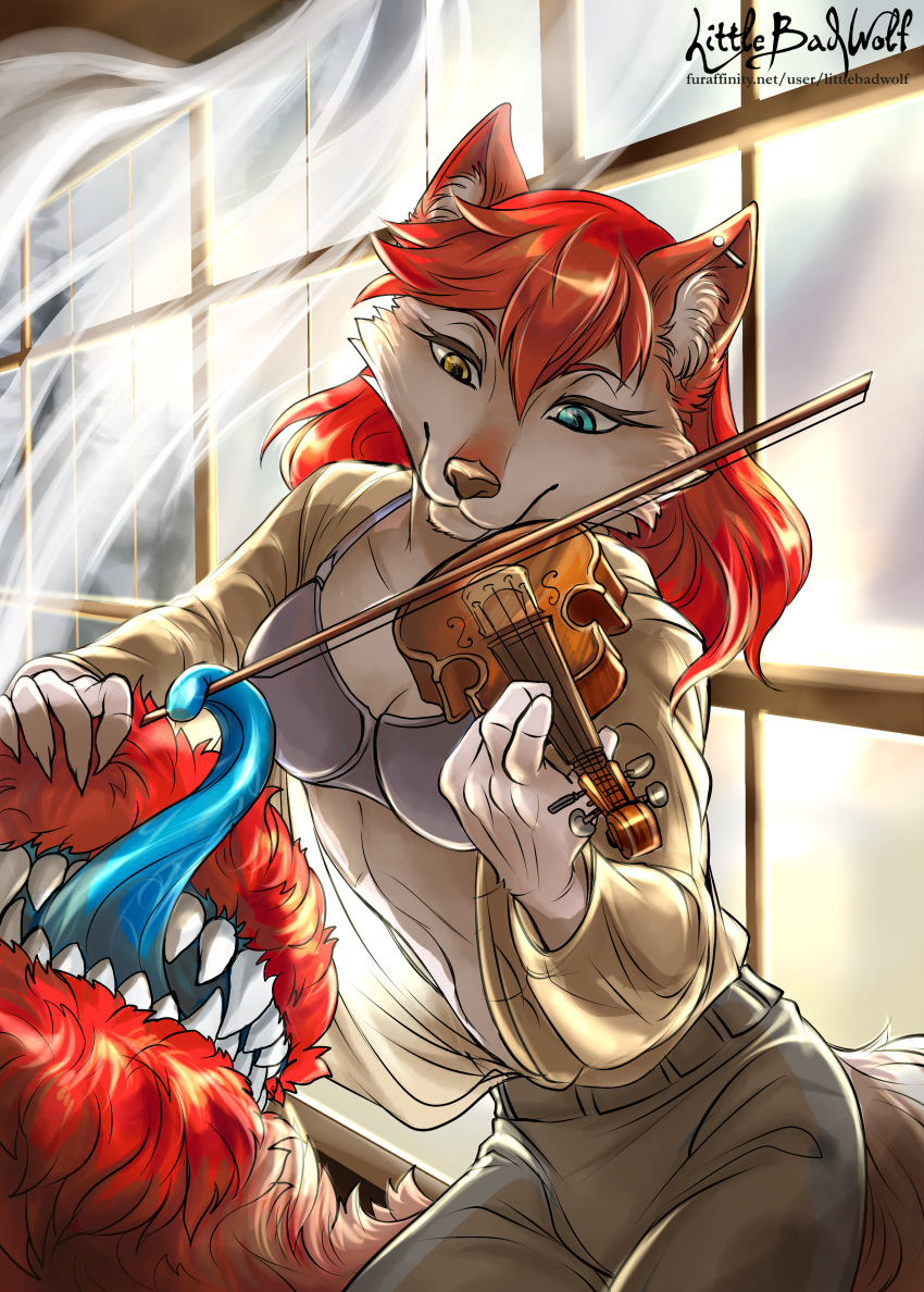 absurd_res anthro blue_eyes bowed_string_instrument bra canid canine canis clothed clothing curtains darkflamewolf ear_piercing female fur hair heterochromia hi_res industrial_piercing inner_ear_fluff littlebadwolf mammal musical_instrument open_shirt piercing red_body red_fur red_hair shirt solo string_instrument tail_maw tail_mouth taylor_renee_wolford_(darkflamewolf) teeth teeth_showing tongue tongue_out topwear tuft underwear violin window wolf yellow_eyes