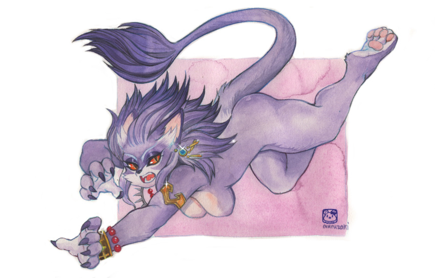4_toes 5_fingers anthro belladonna_(trials_of_mana) breasts felid female finger_claws fingers fur hair hi_res jewelry mammal mane mane_hair murazaki open_mouth pawpads purple_body purple_fur purple_tail slit_pupils solo tail_tuft teeth toes tongue trials_of_mana tuft