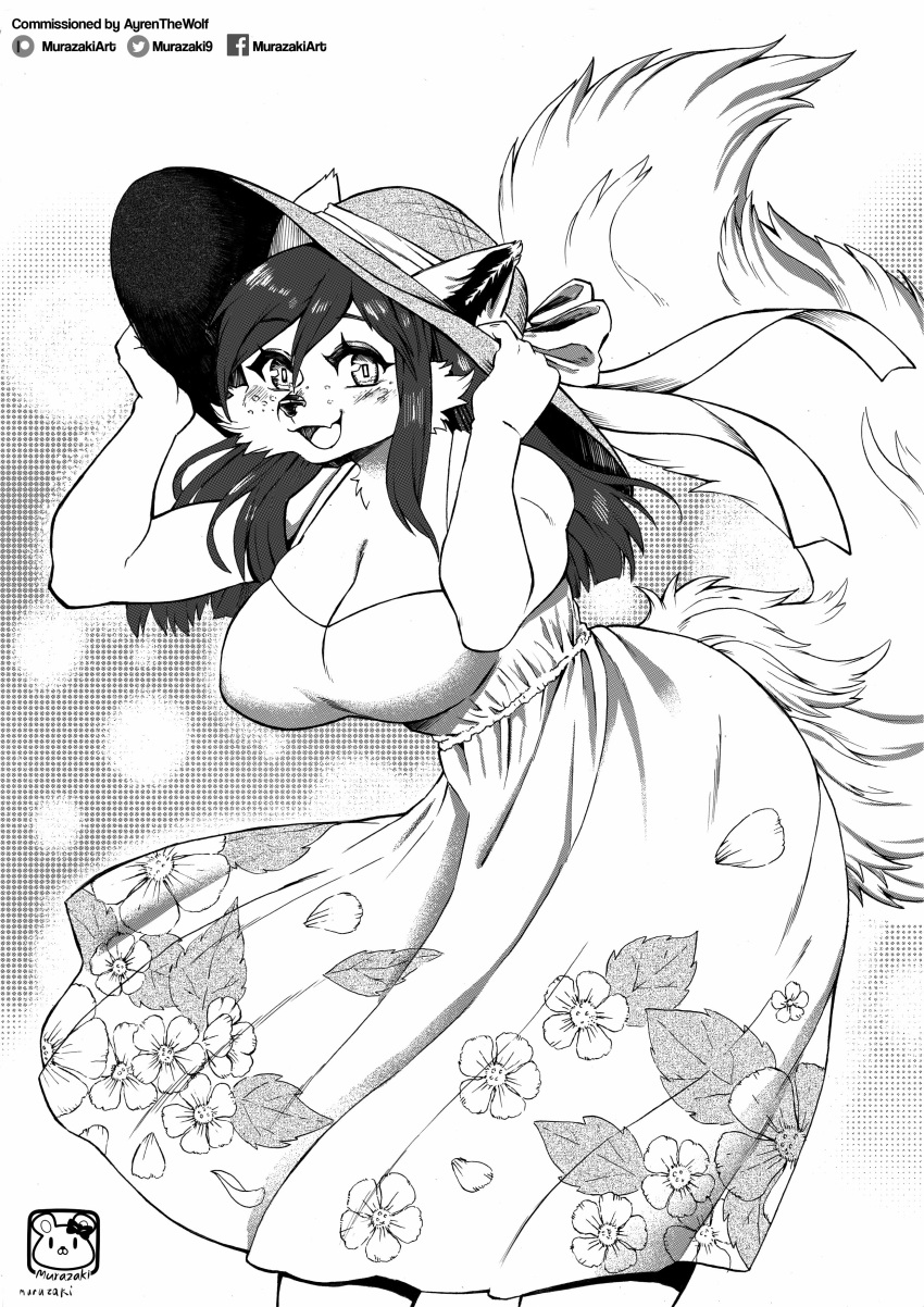 2020 absurd_res anthro breasts canid canine cheek_tuft clothed clothing facial_tuft female fur fur_tuft hat headgear headwear hi_res holding_hat iris looking_at_viewer mammal monochrome murazaki open_mouth pupils solo sundress tongue tuft