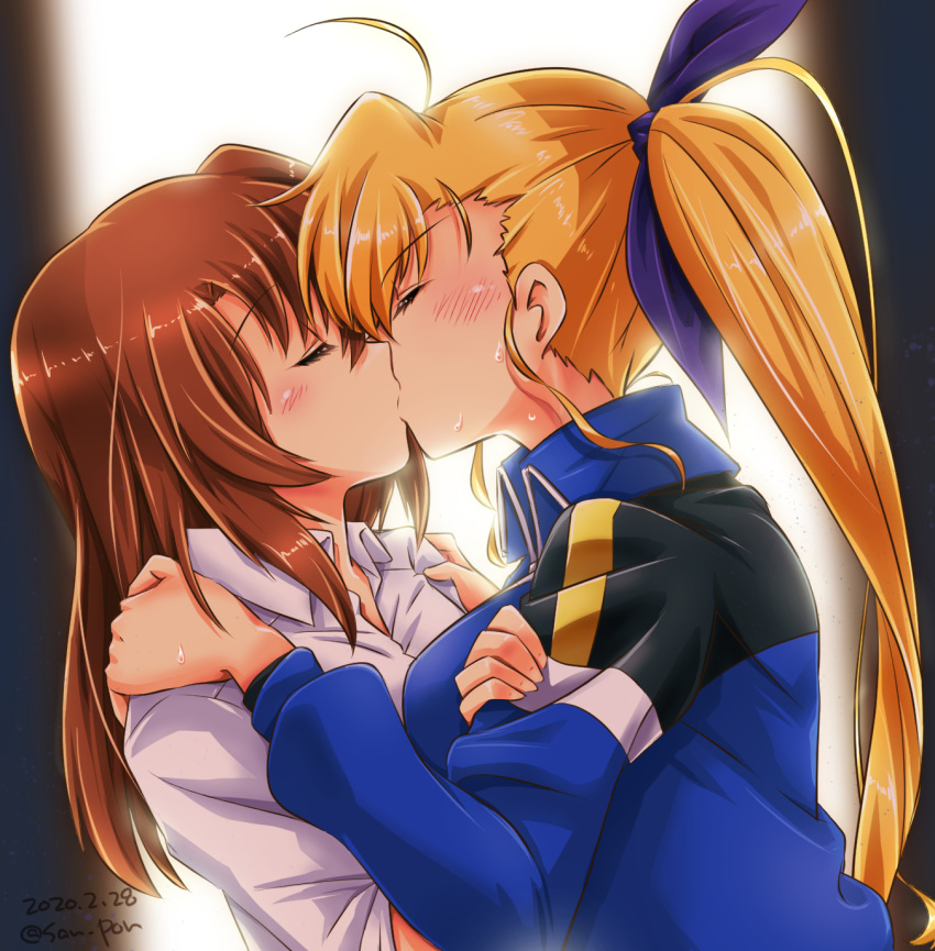 2girls age_difference blonde_hair blush breasts brown_hair closed_eyes collared_shirt couple hand_on_another's_shoulder highres jacket kiss large_breasts long_hair lyrical_nanoha mahou_shoujo_lyrical_nanoha mahou_shoujo_lyrical_nanoha_vivid military military_uniform multiple_girls older san-pon shirt side_ponytail simple_background sweat track_jacket track_suit uniform vivid_strike! vivio yagami_hayate yuri