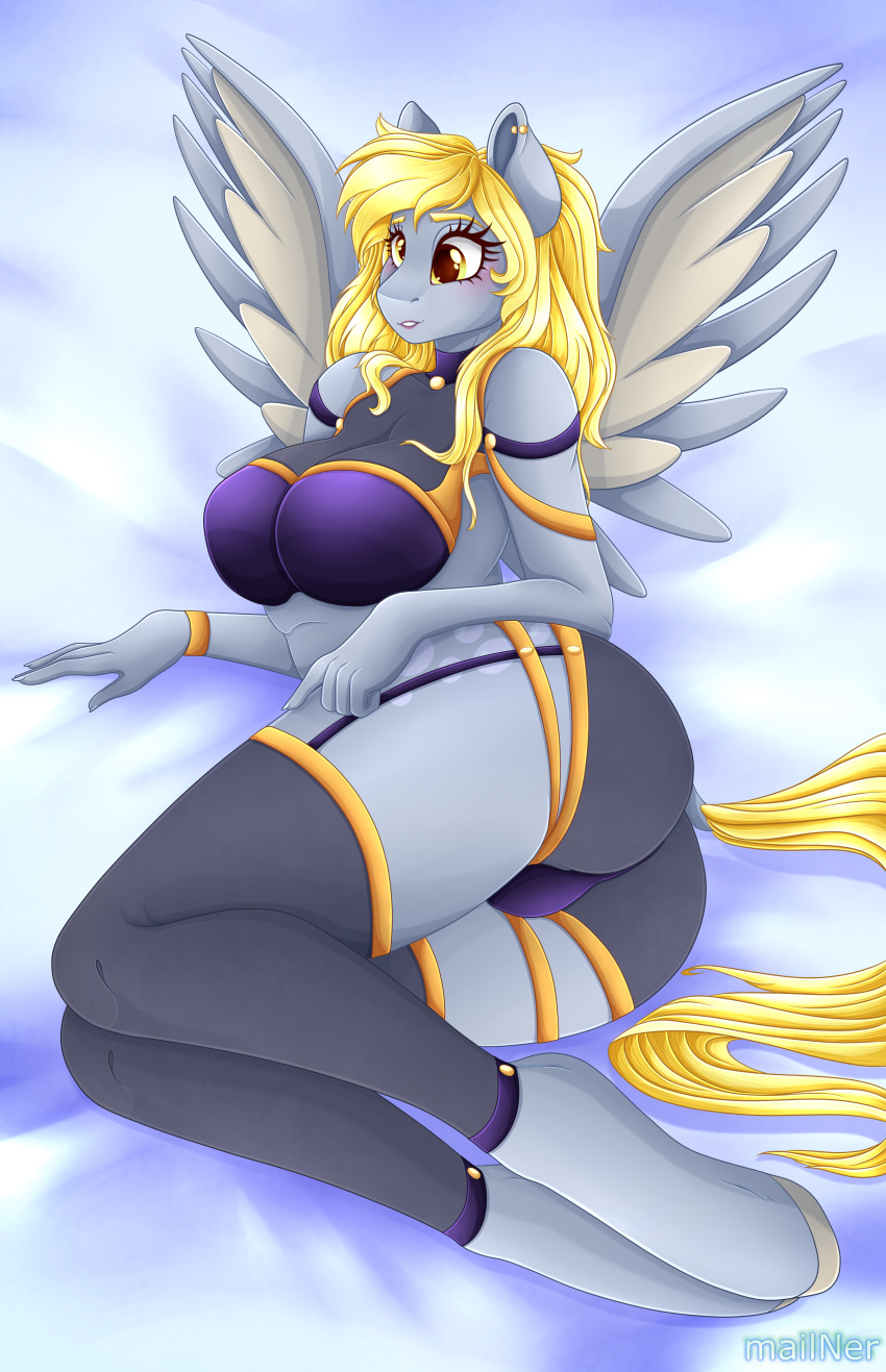 absurd_res anthro anthrofied big_breasts blonde_hair breasts butt cleavage clothed clothing derpy_hooves_(mlp) equid equine female friendship_is_magic grey_body hair hi_res lying mailner mammal my_little_pony on_side pegasus solo wings