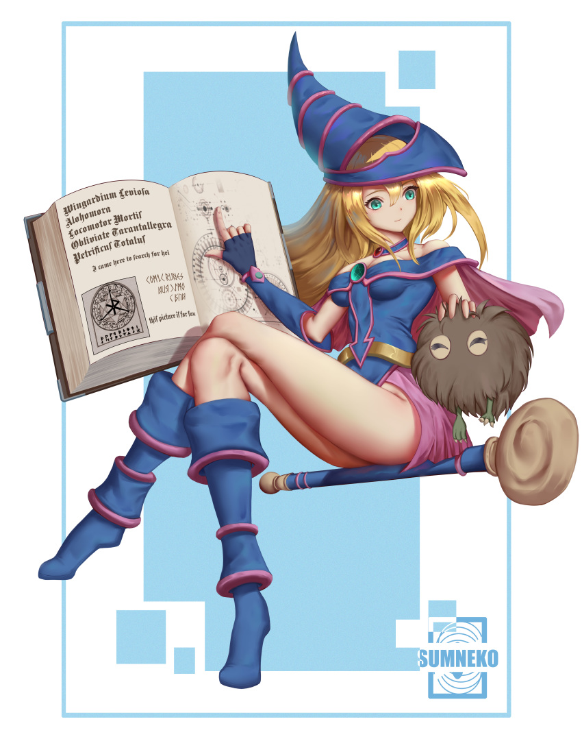 1girl absurdres aqua_eyes bangs blonde_hair blue_gloves blue_legwear blue_sleeves breasts cleavage closed_mouth crossed_legs dark_magician_girl detached_sleeves fingerless_gloves floating_hair gloves hair_between_eyes helmet highres kuriboh long_hair medium_breasts off-shoulder_leotard petting pink_capelet pink_skirt shiny shiny_hair showgirl_skirt sitting skirt smile solo sumneko very_long_hair yuu-gi-ou