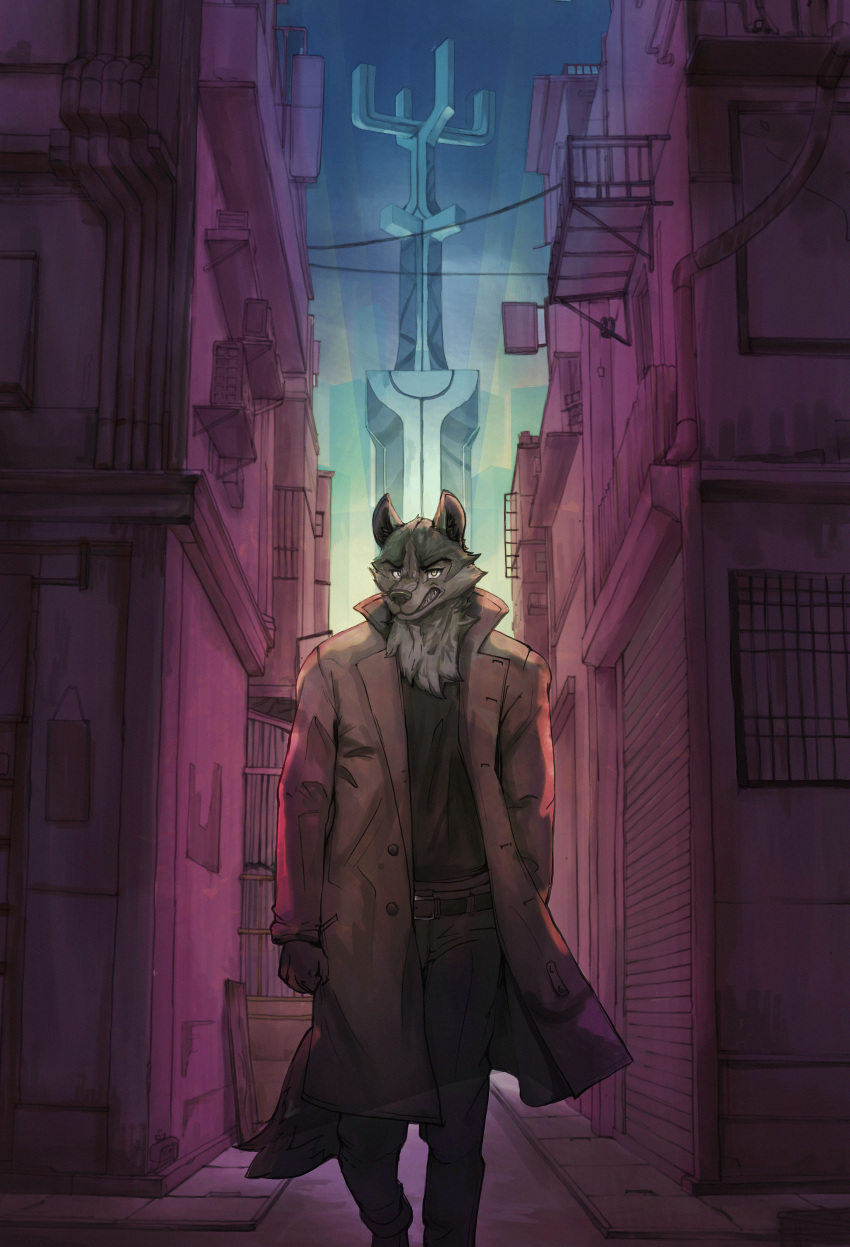 absurd_res anthro brand_new_animal canid canine canis city_background hi_res huge_filesize male mammal orioz overcoat shirou_ogami solo studio_trigger wolf