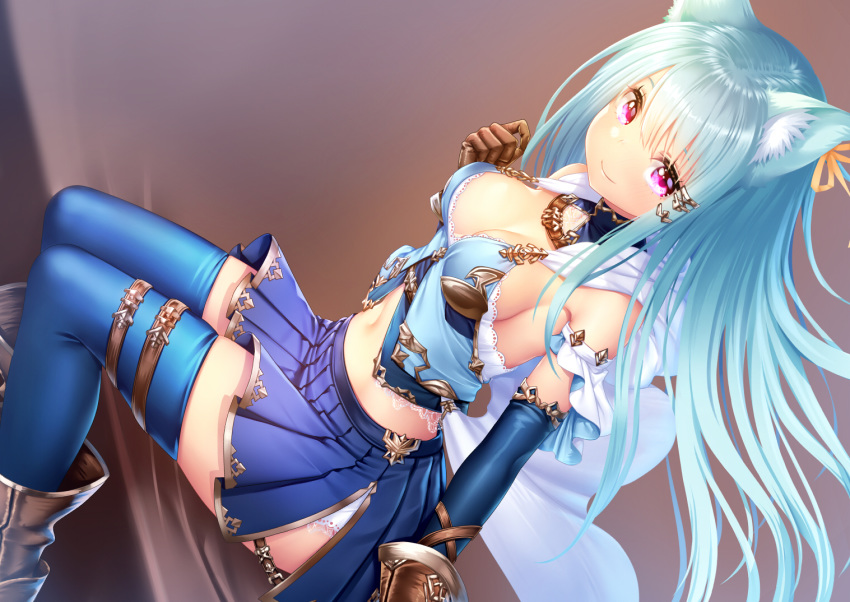 1girl animal_ear_fluff animal_ears bangs bare_shoulders blue_hair blue_skirt boots breasts capelet cleavage closed_mouth crop_top elbow_gloves eyebrows_visible_through_hair fantasy gloves hair_between_eyes hair_ornament hair_ribbon hairclip lace leather leather_boots leather_gloves long_hair looking_at_viewer medium_breasts midriff navel orange_ribbon original pleated_skirt red_eyes ribbon skirt smile solo stomach thigh_strap thighhighs thighhighs_under_boots thighs white_capelet zettai_ryouiki zizi_(zz22)