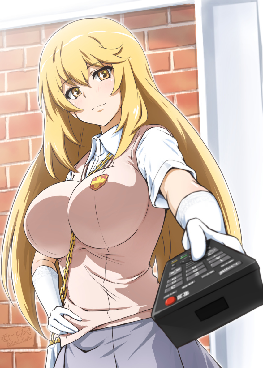 +_+ 1girl bag blonde_hair breasts brick_wall commentary_request controller cowboy_shot diesel-turbo elbow_gloves gloves hand_on_hip handbag highres large_breasts long_hair looking_at_viewer remote_control school_uniform shokuhou_misaki short_sleeves solo sweater_vest symbol-shaped_pupils to_aru_kagaku_no_railgun to_aru_majutsu_no_index tokiwadai_school_uniform white_gloves yellow_eyes