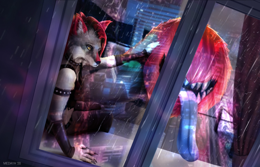 anthro canid canine canis collar darkflamewolf female glistening hi_res hotel hotel_room looking_through_window mammal medaya petting punk punk_hair rain_on_window reflection sitting solo tail_maw tail_mouth taylor_renee_wolford_(darkflamewolf) tongue tongue_out water water_reflection window window_sill wolf yellow_eyes