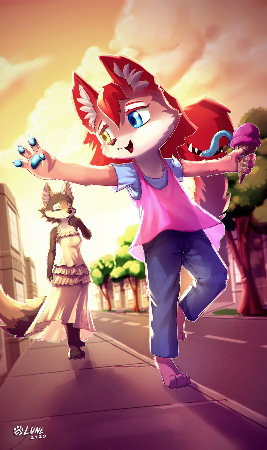 absurd_res anthro blue_eyes bottomwear canid canine canis child clothing darkflamewolf daughter dessert dress duo family fan_character female food fur hair happy heterochromia hi_res ice_cream ice_cream_cone inner_ear_fluff jeans mammal mother mother_and_child mother_and_daughter murana_wolford_(darkflame-wolf) pants parent parent_and_child red_body red_fur red_hair road sidewalk sunset tail_maw tail_mouth taylor_renee_wolford_(darkflamewolf) thedevkitten tongue tongue_out town tree tuft wolf yellow_eyes young