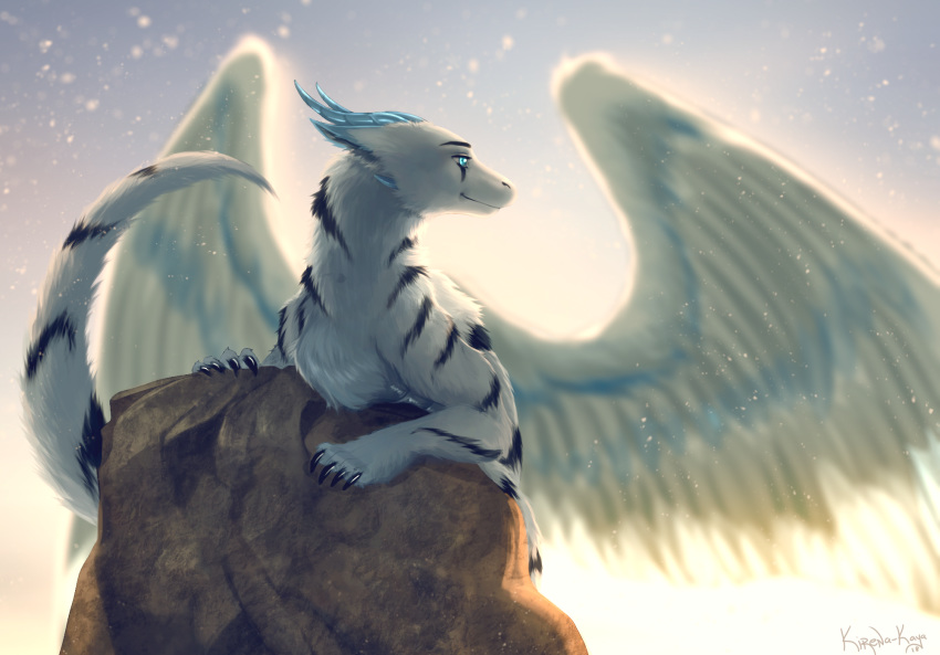 darkflamewolf dragon feathered_dragon feathers female feral fur furred_dragon hi_res horn kirena-kaya llydia_the_fluff_dragon_(darkflamewolf) mountain rock sky smile solo spread_wings stripes wings