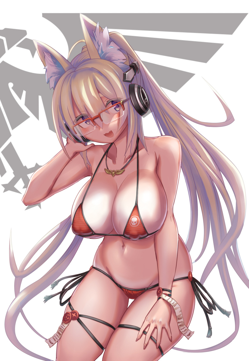 1girl :d animal_ear_fluff animal_ears bikini blonde_hair breasts covered_nipples cowboy_shot glasses halterneck headphones highres imperium_of_man jewelry large_breasts legs_together micro_bikini navel necklace open_mouth original purity_seal red-framed_eyewear semi-rimless_eyewear serizawa_(knight2020) side-tie_bikini smile solo swimsuit thigh_gap thigh_strap warhammer_40k