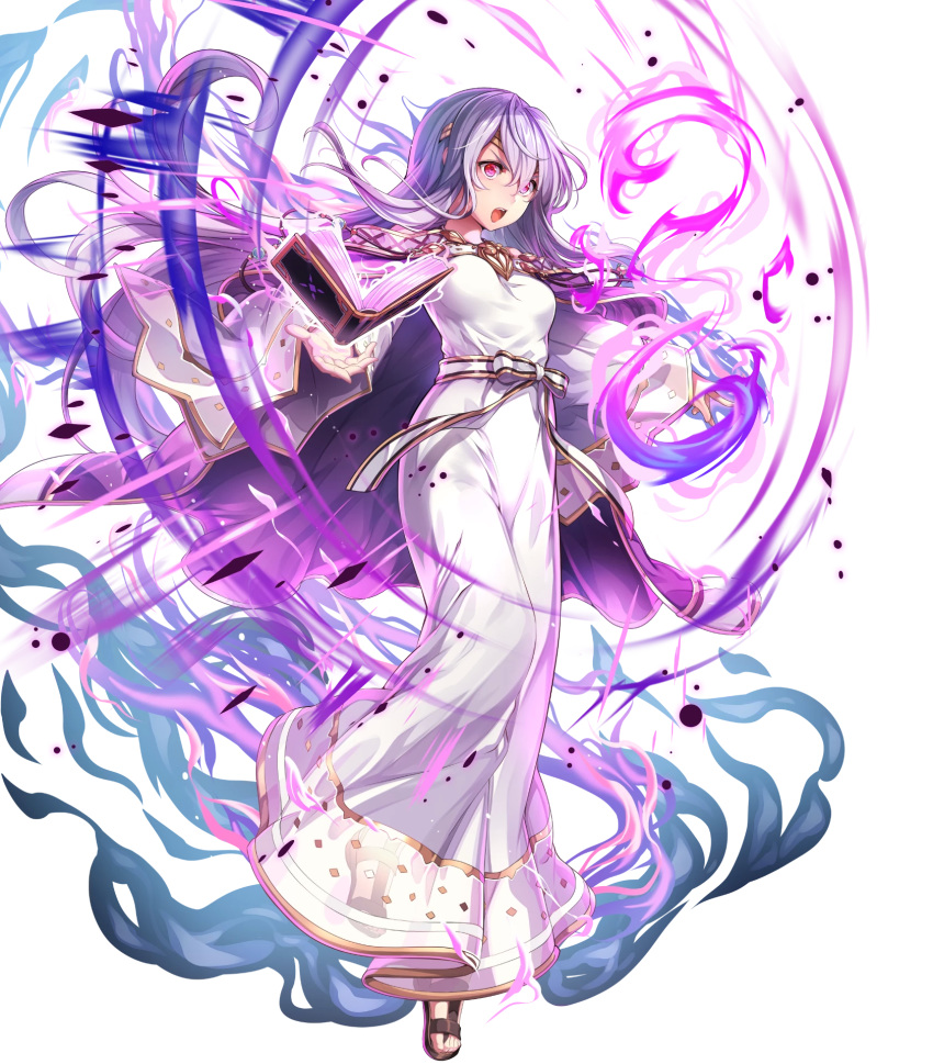 1girl aura bangs book breasts cape chachie circlet dark_aura dress fire_emblem fire_emblem:_genealogy_of_the_holy_war fire_emblem_heroes floating floating_object full_body hair_ornament highres holding holding_book jewelry julia_(fire_emblem) long_dress long_hair long_sleeves looking_away medium_breasts official_art open_book open_mouth open_toe_shoes purple_cape purple_eyes purple_hair sandals see-through shiny shiny_hair solo transparent_background wide_sleeves