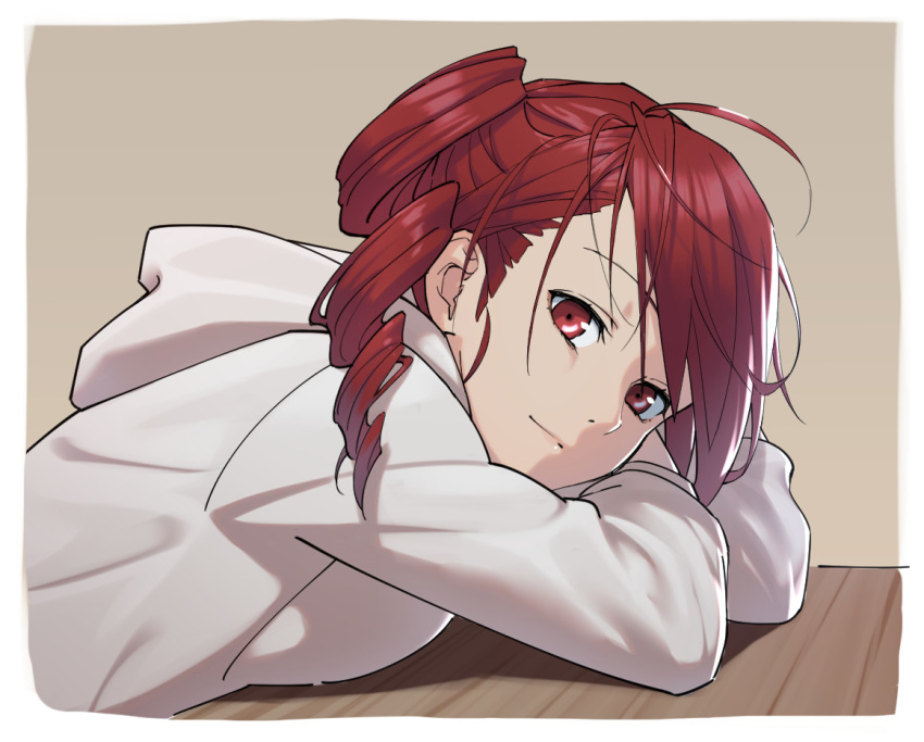 1girl anco8pizz drill_hair half-closed_eyes head_rest hood hoodie kasane_teto leaning_forward light_smile looking_at_viewer red_eyes red_hair sidelighting sitting solo upper_body utau white_hoodie wooden_table