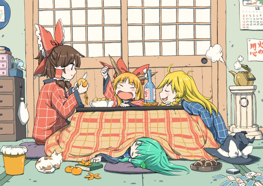 4girls black_headwear blonde_hair blush_stickers book bottle bow braid brown_eyes brown_hair calendar_(object) card cat chest_of_drawers closed_eyes commentary_request cup cushion food frog_hair_ornament fruit green_hair hair_bow hair_ornament hair_tubes hakurei_reimu hanten_(clothes) hat hat_bow hat_removed head_rest headwear_removed holding holding_cup holding_food horn_ribbon horns ibuki_suika indoors inuno_rakugaki kettle kirisame_marisa kochiya_sanae kotatsu long_hair long_sleeves lying mandarin_orange multiple_girls on_side open_mouth playing_card red_bow ribbon sakazuki senbei shouji sitting sliding_doors smile table touhou trash_can under_kotatsu under_table white_bow white_ribbon witch_hat zabuton