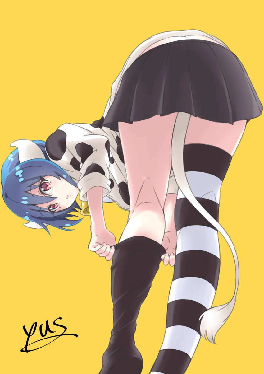 1girl absurdres animal_print bell bend black_legwear black_skirt blue_hair blush breasts cow_girl cow_horns cow_print cow_tail eyebrows_visible_through_hair hair_between_eyes highres horizontal_stripes horns jashin-chan_dropkick large_breasts long_sleeves looking_at_viewer miniskirt minos_(jashin-chan_dropkick) open_mouth pleated_skirt red_eyes short_hair simple_background skirt solo striped striped_legwear tail thighhighs two-tone_legwear yellow_background yyuki317