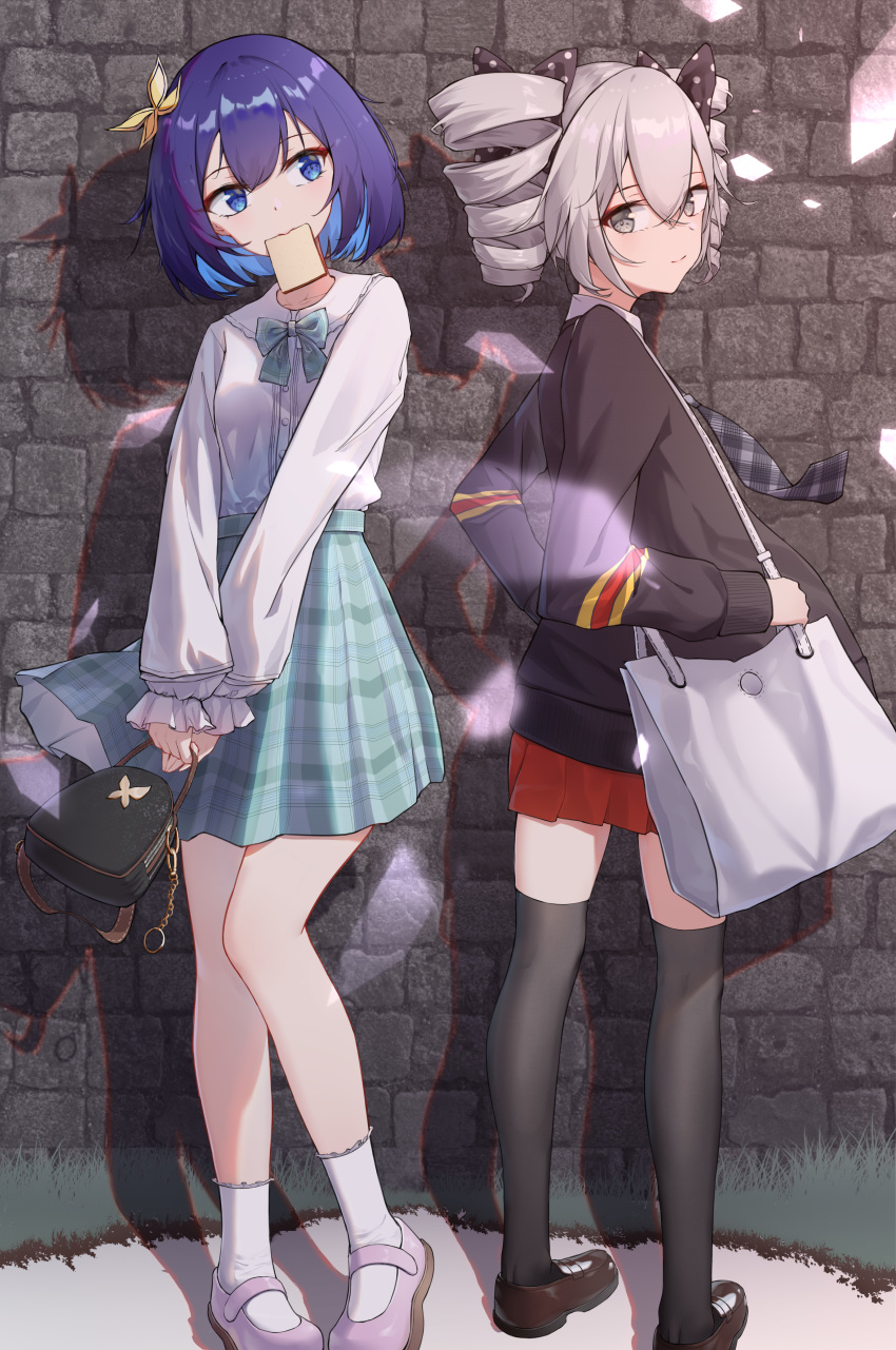 2girls absurdres bag bangs black_legwear blue_eyes blue_hair bow bowtie bronya_zaychik bronya_zaychik_(wolf's_dawn) brown_footwear casual commentary_request crossed_bangs drill_hair food food_in_mouth frilled_sleeves frills grey_eyes grey_hair hair_bow hair_ornament handbag highres honkai_(series) honkai_impact_3rd jacket kuo_(kuo114514) loafers long_hair long_sleeves looking_at_another messenger_bag miniskirt mouth_hold multicolored_hair multiple_girls pleated_skirt polka_dot polka_dot_bow red_skirt seele_vollerei shadow shirt shoes shoulder_bag skirt smile socks standing thighhighs toast toast_in_mouth twin_drills two-tone_hair wall white_footwear white_legwear white_shirt wind