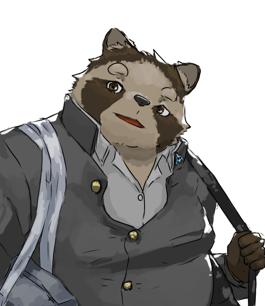 2020 7gaku_7 anthro belly brown_body brown_fur canid canine clothing fur hi_res humanoid_hands kemono male mammal overweight overweight_male raccoon_dog shirt simple_background solo tanuki topwear white_background