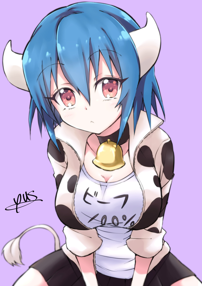 1girl absurdres animal_print bell blue_hair blush breasts cleavage closed_mouth cow_girl cow_horns cow_print cow_tail eyebrows_visible_through_hair hair_between_eyes highres horns jashin-chan_dropkick large_breasts looking_at_viewer miniskirt minos_(jashin-chan_dropkick) purple_background red_eyes shirt short_hair sitting skirt solo tail yyuki317