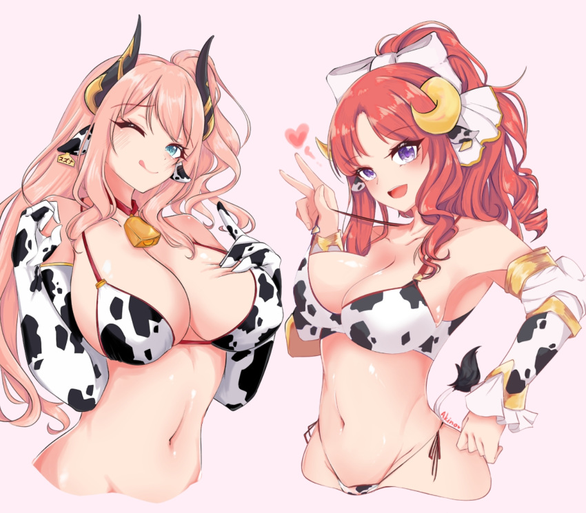 2girls animal_ears animal_print aqua_eyes bangs bare_shoulders bell bell_collar bikini blush bow breasts cleavage closed_mouth collar collarbone cow_bell cow_ears cow_print demon_horns ear_tag elbow_gloves gloves hair_bow high_ponytail highres horns large_breasts licking_lips long_hair looking_at_viewer minami_suzuna multiple_girls navel one_eye_closed one_side_up open_mouth parted_bangs pink_hair princess_connect! princess_connect!_re:dive purple_eyes red_hair seiren_(kkh2052) sidelocks smile strap_pull swimsuit tongue tongue_out toudou_akino white_gloves