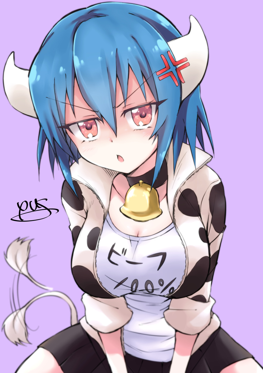 1girl absurdres animal_print bell blue_hair blush breasts cleavage cow_girl cow_horns cow_print cow_tail eyebrows_visible_through_hair hair_between_eyes highres horns jashin-chan_dropkick large_breasts looking_at_viewer miniskirt minos_(jashin-chan_dropkick) open_mouth purple_background red_eyes shirt short_hair sitting skirt solo tail yyuki317