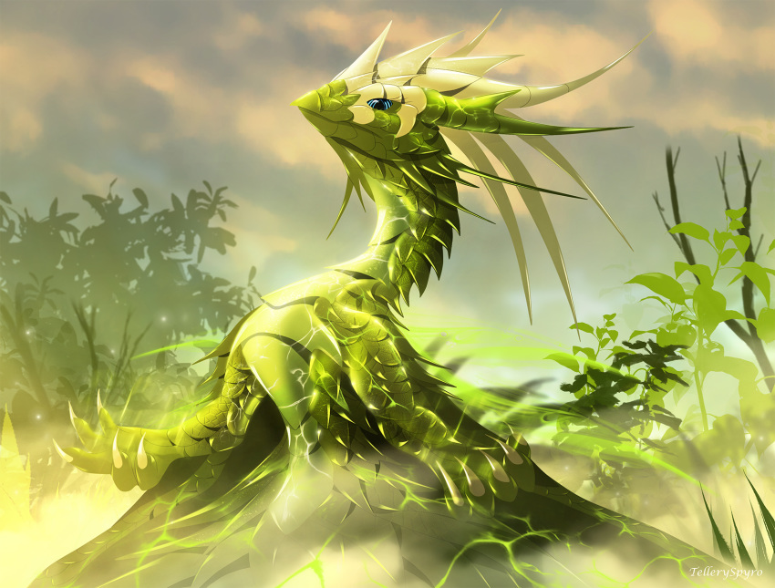 2020 ambiguous_gender blue_eyes claws day detailed_background digital_media_(artwork) dragon eyelashes feral green_body green_scales hi_res horn outside scales sky solo spines telleryspyro