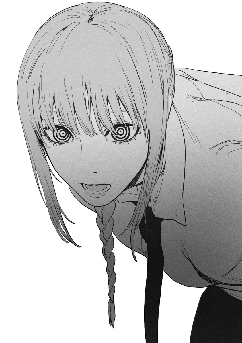 1girl black_neckwear black_pants breasts chainsaw_man collared_shirt formal greyscale highres leaning_forward looking_at_viewer makima_(chainsaw_man) medium_hair monochrome necktie open_mouth pants ringed_eyes ryokucha_(i_cobalt) shirt short_hair simple_background solo white_background wide-eyed