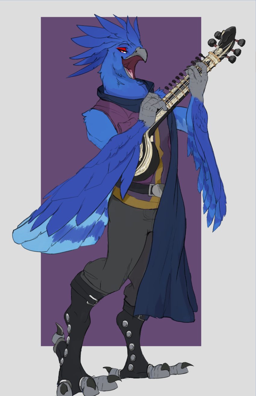 absurd_res accipitrid accipitriform aiareck_arpia anthro avian bird blue_body blue_feathers cape clothing eagle feathers harpy_eagle hi_res male musical_instrument open_mouth plucked_string_instrument red_eyes sitar solo string_instrument yggiiggy