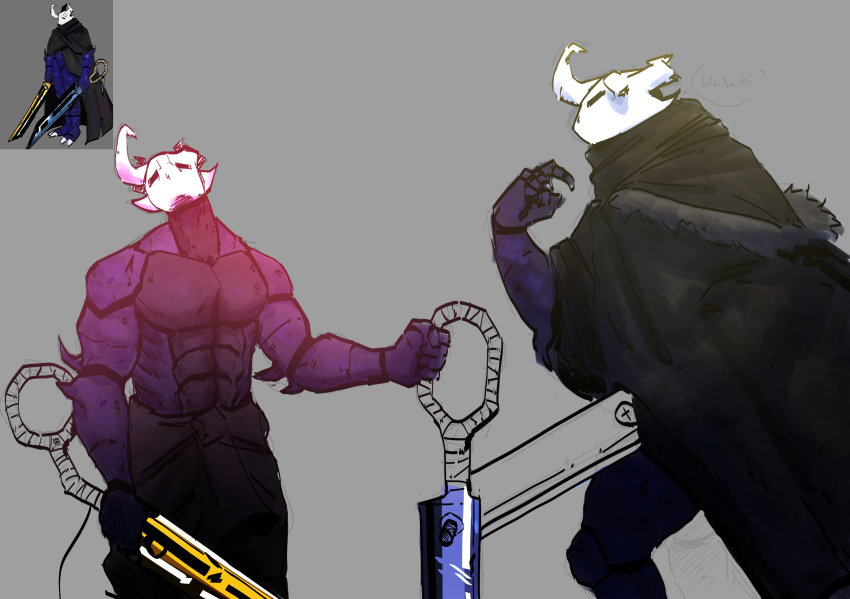 anthro arthropod athletic athletic_male blue_sword clothing dual_wielding goonie-san hi_res holding_object holding_weapon hollow_knight horn insect male melee_weapon solo sword team_cherry video_games weapon yellow_sword