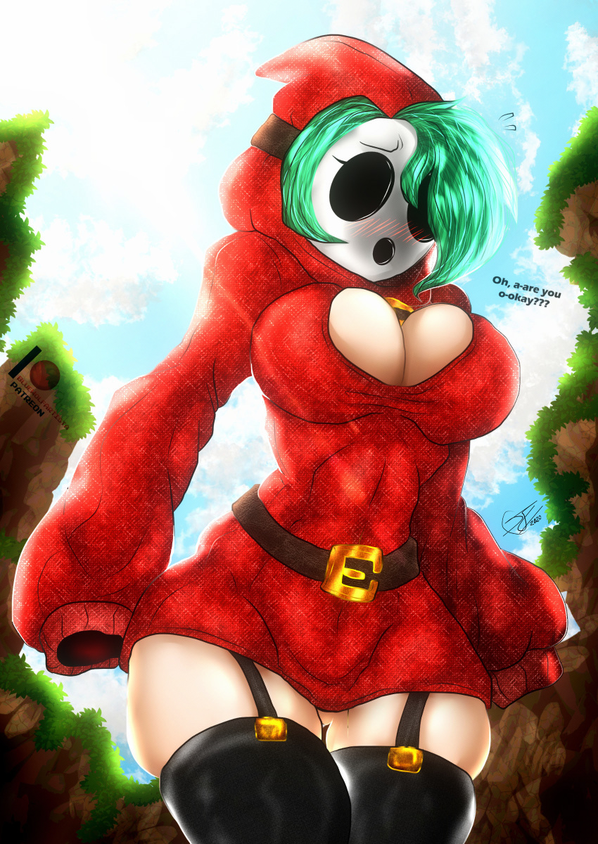 absurd_res big_breasts bluewolfartista bottomwear breasts clothing female green_hair hair hi_res huge_breasts human legwear mammal mario_bros mask minus8 model_sheet nintendo shy shyguy skirt solo thick_thighs thigh_highs video_games