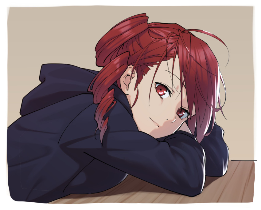 1girl anco8pizz black_hoodie drill_hair half-closed_eyes head_rest hood hoodie kasane_teto leaning_forward light_smile looking_at_viewer red_eyes red_hair sidelighting sitting solo upper_body utau wooden_table